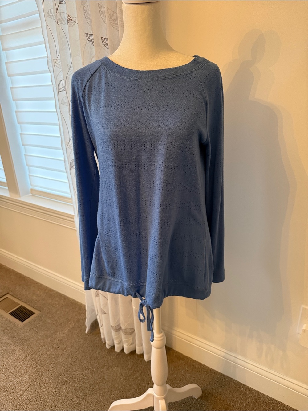 Talbots Perforated Knit Long-Sleeve Top in Blue with Drawstring